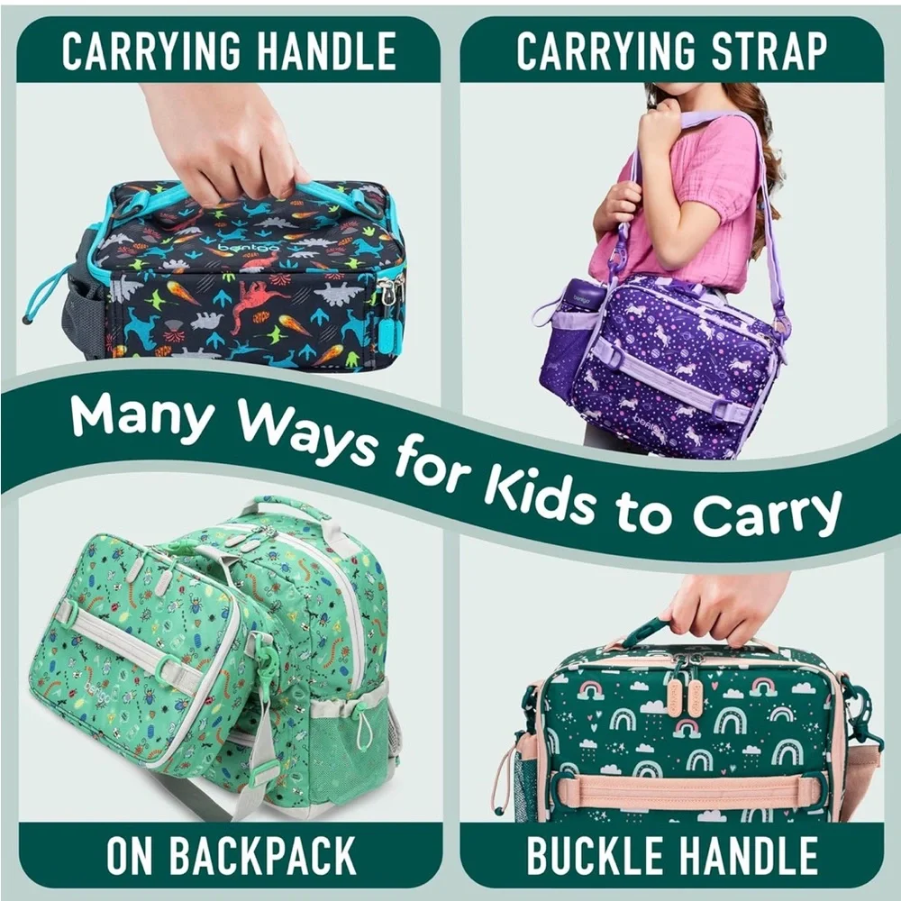 Bentgo Kids Double Insulated Lunch Bag Green Pink Rainbow Print Shoulder Strap